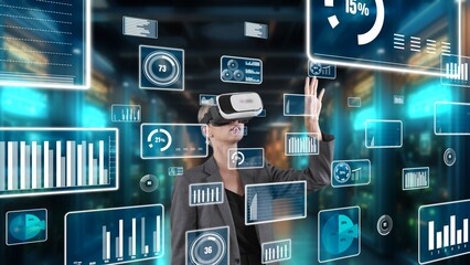 Woman selecting big data dynamic market percentage analysis graph by VR future global innovation...