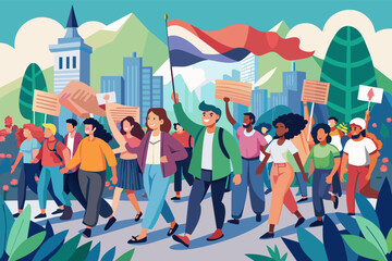 Illustration of a diverse group of people marching in a cityscape background, holding signs and a large flag, depicting a peaceful protest or parade.