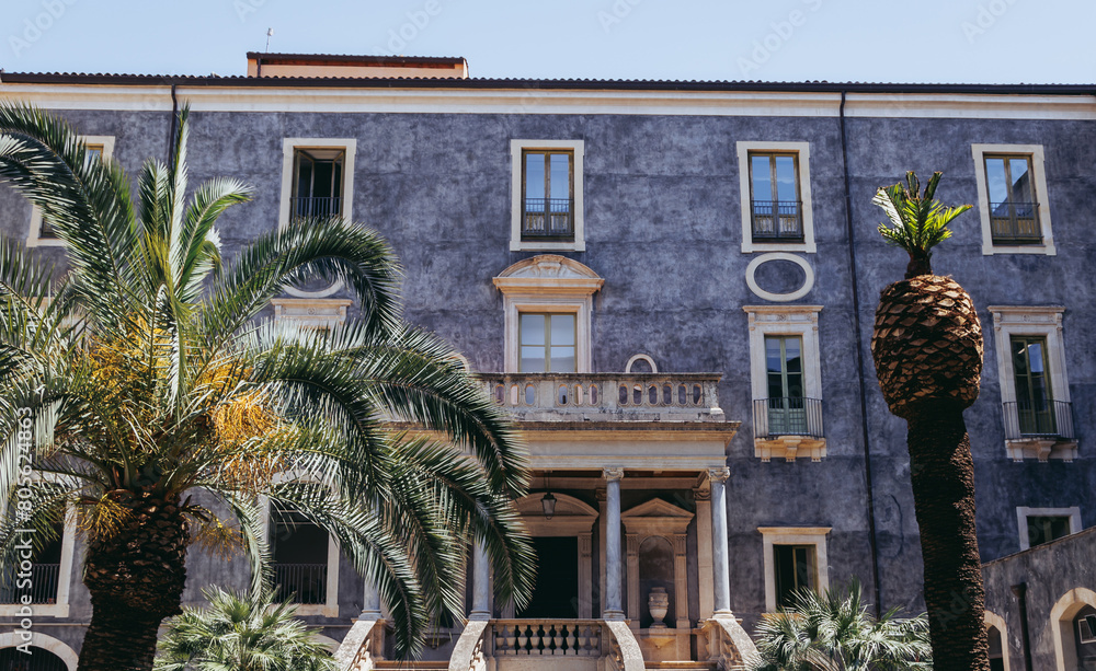 Poster Courtyard of San Giuliano Palace, University of Catania building in Catania city on the island of Sicily, Italy