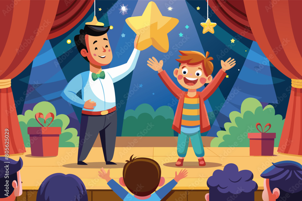 Aufkleber Illustration of a smiling man in a suit holding a star, standing next to a happy child wearing a cap on a stage with red curtains and twinkling lights.