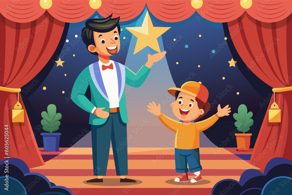 Aufkleber illustration of a smiling man in a suit holding a star, standing next to a happy child wearing a cap