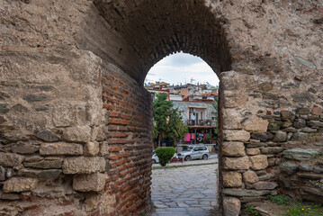 Side gate of Walls of Thessaloniki, remains of Byzantine walls surrounding city of Thessaloniki...