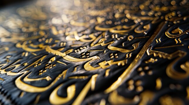 Macro shot of gold and black embossed Islamic calligraphy on textured surface.