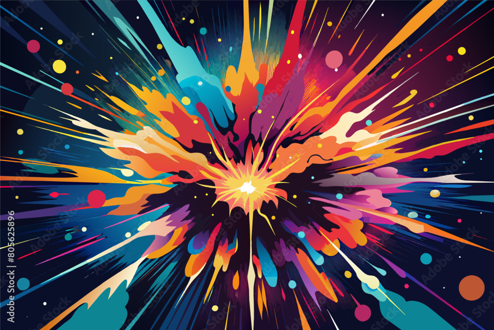 Fototapete Colorful abstract illustration of an explosive burst with streaks of blue, orange, and red emanating from a central bright light, set against a backdrop featuring stylized clouds and floating orbs.
