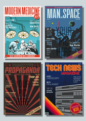 Fake Magazines. Typical Magazines Cover Set. Medicine, Space and Science, Propaganda and Politics, Technology and Electronics Vector Frames, Backgrounds 