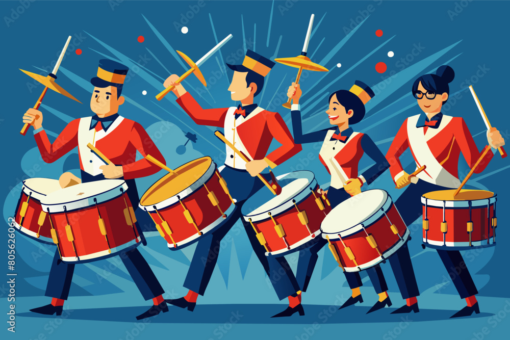 Aufkleber four animated characters enthusiastically playing snare drums in a marching band, dressed in red uni