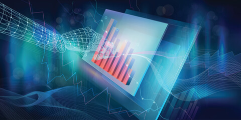 Abstract infographic financial market indicators on a virtual holographic tablet