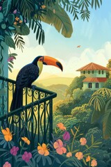 Fototapeta premium A vibrant toucan bird perches on a metal railing, showcasing its colorful beak and feathers. The bird appears alert and curious, looking out over its surroundings