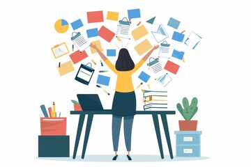 A woman is seen standing in front of a desk cluttered with various papers. She appears to be engaged in delegating tasks to members of her team within a busy office environment - obrazy, fototapety, plakaty