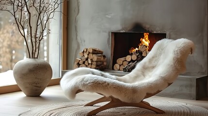 Accent chair with a fur thrown against a concrete wall with fireplace. Loft home interior design of modern living room.