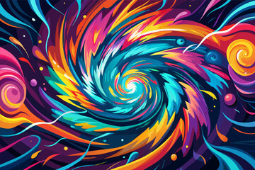 Vibrant, colorful abstract illustration featuring a swirling vortex with dynamic waves of blue, pink, purple, orange, and yellow hues interspersed with white and black accents.