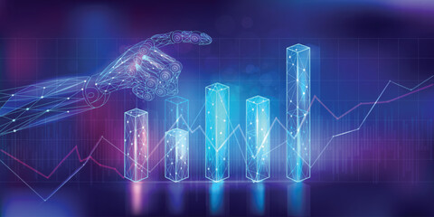 Abstract financial infographics with polygonal graphic charts and a robot hand.