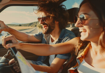 A young couple enjoying a road trip adventure summer vacation