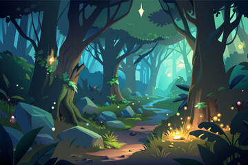 Mystical forest at twilight with glowing flowers and fireflies, featuring a winding path through dense, blue and green illuminated trees and rocks.