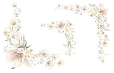 Spring Floral Bouquet White Cream Pastel Watercolor Corner Banner Elegant Round Frame