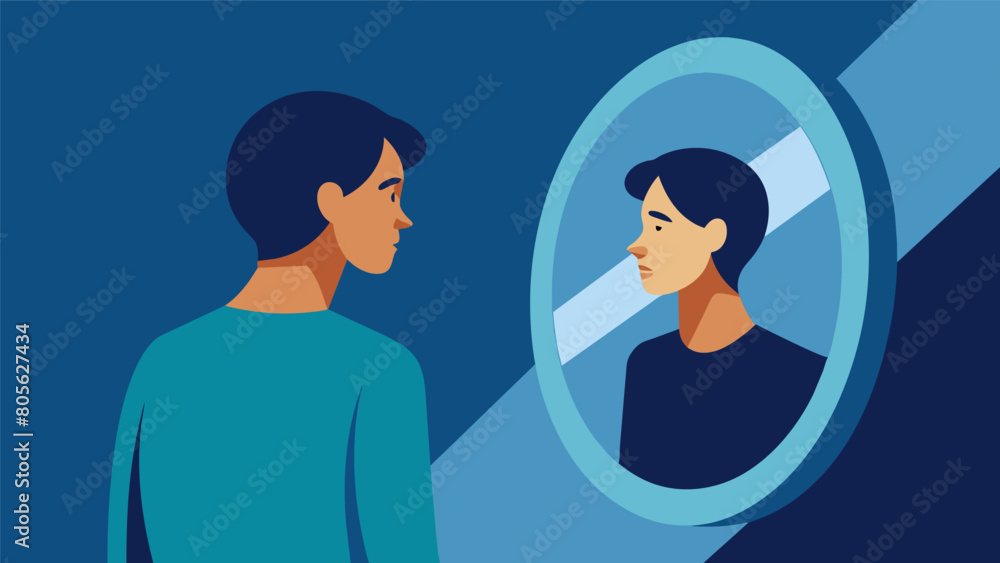 Poster a person staring at their reflection in a mirror with the reflection showing their inner conflict be