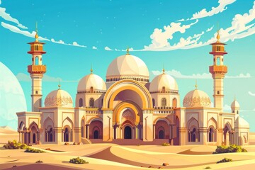 Obraz premium A detailed painting of an Arabian desert palace with ornate arches and a domed roof standing alone in the vast desert landscape under a clear blue sky