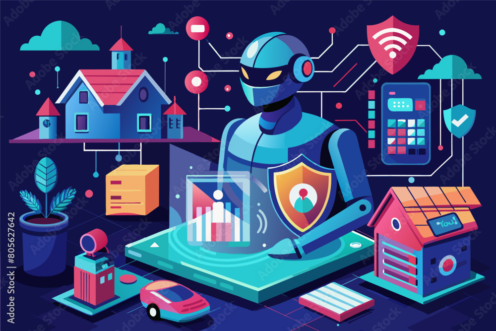 Leinwandbilder illustration of a robot interacting with various smart devices and digital interfaces, surrounded by