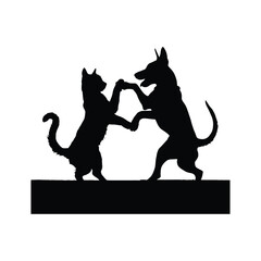 Silhouette of cat and dog on white background enjoy dancing
