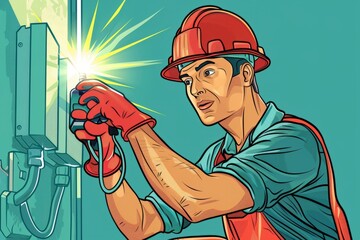 A man wearing a hardhat is seen working on a light switch. He is focused on the task at hand, using tools to upgrade the lighting fixture
