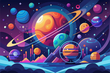 Colorful illustration of a vibrant, stylized space scene featuring various whimsical planets with rings and moons, set against a backdrop of stars and swirling cloud formations.