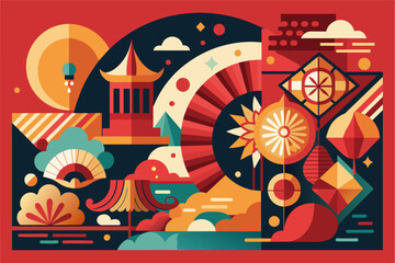 Colorful and stylized graphic illustration depicting a vibrant Asian-inspired scene with traditional pagoda, rolling hills, and decorative patterns