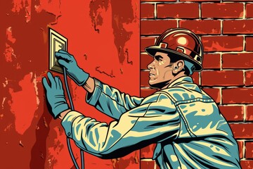 A man wearing a hard hat is actively engaged in construction work on a brick wall. He is focused and concentrated on the task at hand, ensuring precision and quality in his work