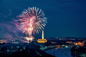 Vibrant fireworks over Washington DC landmarks, festive and patriotic themes.