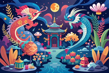Colorful illustration of a whimsical, Asian-inspired landscape featuring two dragons, one red and one blue, flying around a traditional pagoda under a moonlit sky