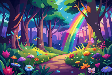 Colorful digital illustration of a whimsical forest path with vibrant flowers, towering trees, and a bright rainbow arching across a sunlit sky.