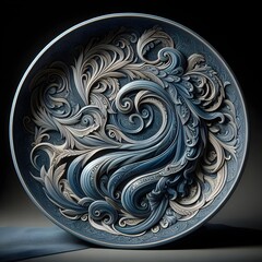 Elegant stoneware decorative plate in blue tones.
