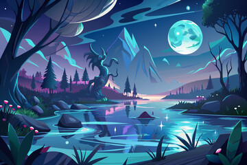 Illustration of a serene nighttime landscape featuring a tranquil lake surrounded by trees with distant mountains under a starry sky and a large moon casting reflections on the water.