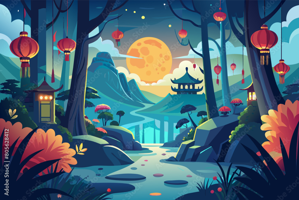 Poster illustration moonlit landscape with vibrant colors, featuring a path through a forest leading to a t