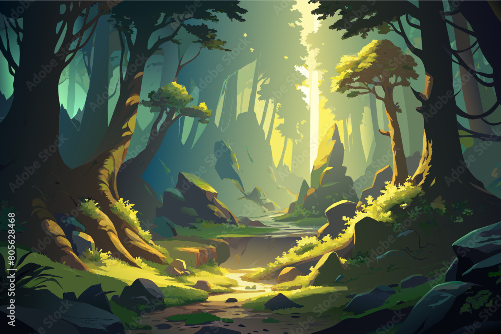 Aufkleber Sunlight filtering through a dense forest, illuminating a small stream and a rugged path amidst towering trees and rocky terrain.