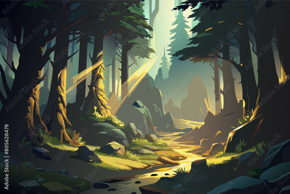 Aufkleber Sunlight filtering through a dense forest, illuminating a small stream and a rugged path amidst towering trees and rocky terrain.