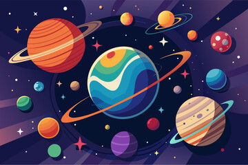 Colorful illustration of various stylized planets and stars against a dark space background, featuring orbits and planetary rings.