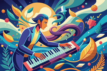 Colorful illustration of a man playing a keyboard surrounded by vibrant, whimsical nature elements and floating musical icons, with a large moon in the background.