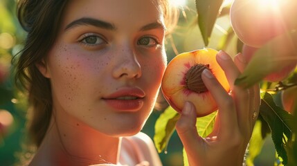 A happy woman with a smile on her face is enjoying a ripe peach in a field surrounded by tall grass and trees. Her eyelashes flutter with joy as she savors the natural fruit, having fun in nature