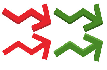 Stock market chart arrows in red and green are seen as graphic elements and are seen in a 3-d illustration. Arrows indicate the upward and downward gains and losses on the Dow.
