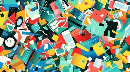 Abstract assortment of colorful everyday objects in chaotic arrangement. Creative chaos concept for poster and wallpaper design