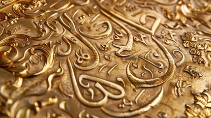 Close-up of golden embossed Arabic calligraphy on a metallic surface. Islamic art and luxury design concept for decorative elements
