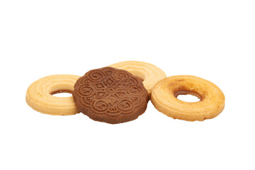 Round milk ring shaped biscuits and one round chocolate biscuit. Cupcakes for tea without background.