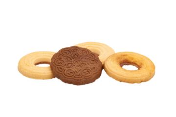 Round milk ring shaped biscuits and one round chocolate biscuit. Cupcakes for tea without background.