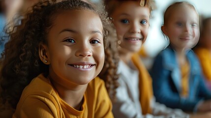 Smiling little girl sitting in class with her classmates