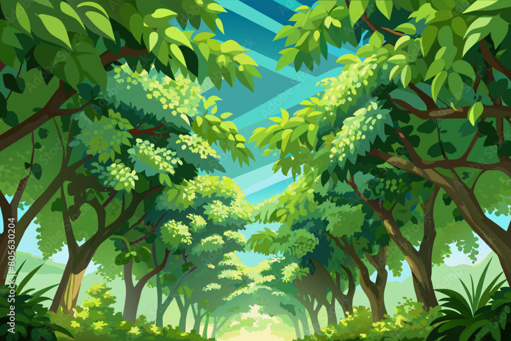 Poster illustration of a lush forest pathway surrounded by dense green trees and sunlight filtering through