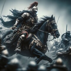Motion blur effect cavalry knight amidst the battlefield.