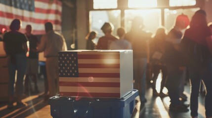 A ballot box adorned with patriotic symbols, set against the backdrop of a bustling polling station filled with voters exercising their democratic rights