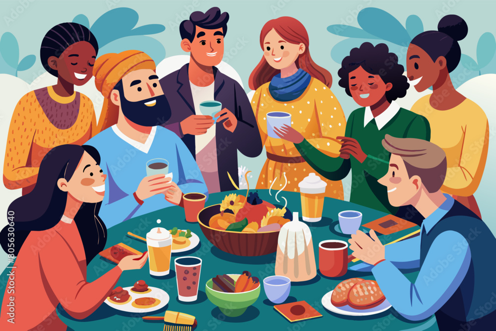 Aufkleber illustration of a diverse group of seven people enjoying a meal together around a table filled with 