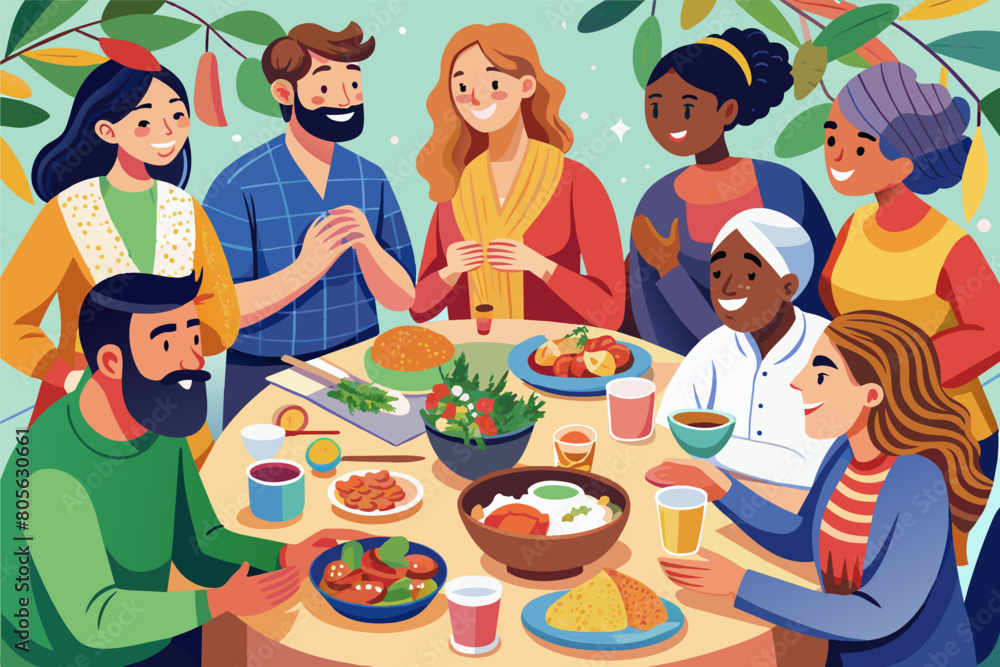 Aufkleber illustration of a diverse group of seven people enjoying a meal together around a table filled with 