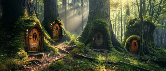 Mystical forest with whimsical fairy doors hidden within the knots and crevices of a tree.